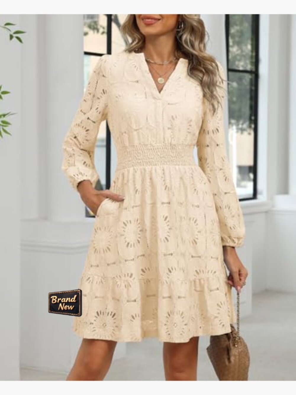 Women's Long Sleeve Eyelet Lace A-Line Mini Dress with Pockets Flowy Fit - Picture 3 of 6